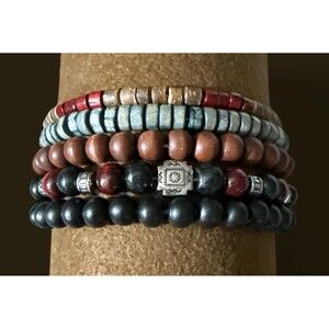 Boho Wooden Bead Bracelets - 5 Piece Stacking Layering Set - Multi-Color Unisex